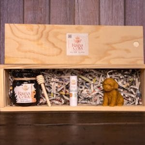 Caja regalo de miel para regalar, con miel gallega artesanal, velas de miel y cera de abeja artesanales y bálsamo labial con protector solar y propóleo natural